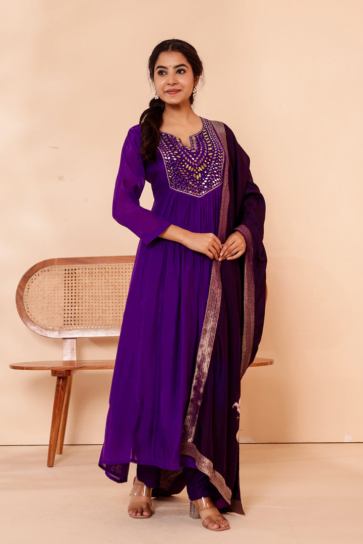 Cadbury Purple Chanderi Silk Anarkali Suit with Floral Dupatta.