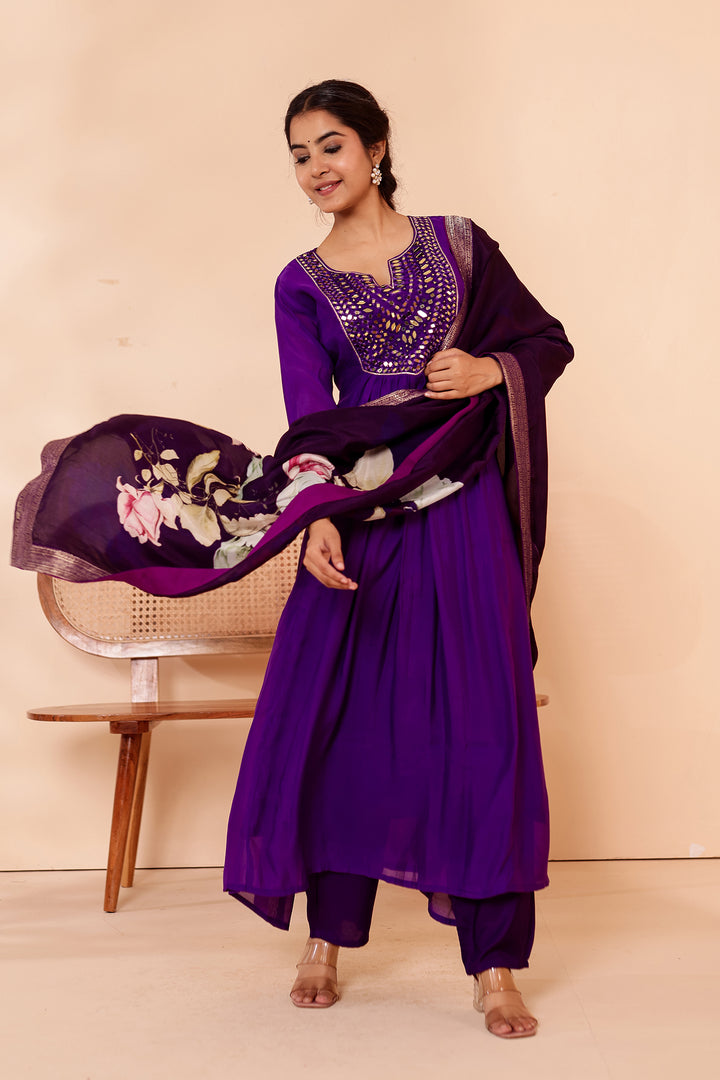 Cadbury Purple Chanderi Silk Anarkali Suit with Floral Dupatta.