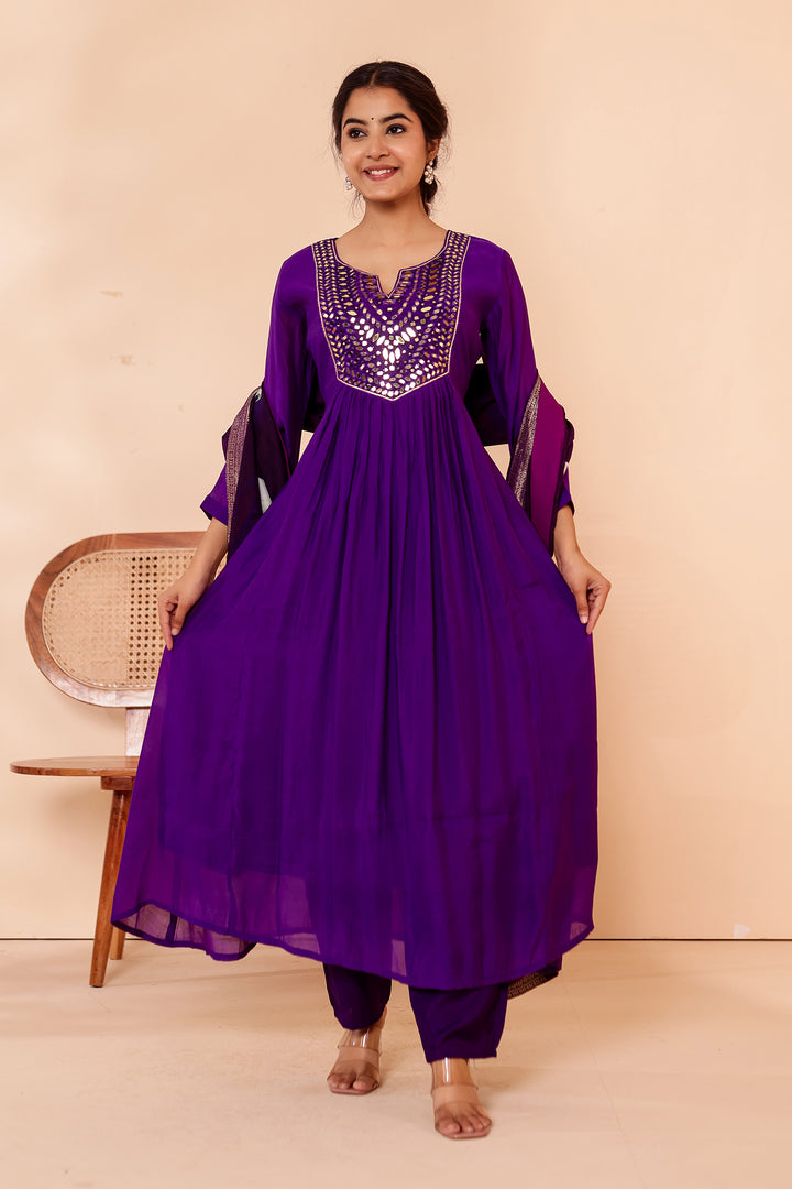 Cadbury Purple Chanderi Silk Anarkali Suit with Floral Dupatta.
