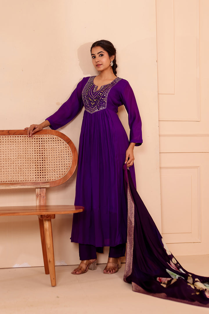 Cadbury Purple Chanderi Silk Anarkali Suit with Floral Dupatta.