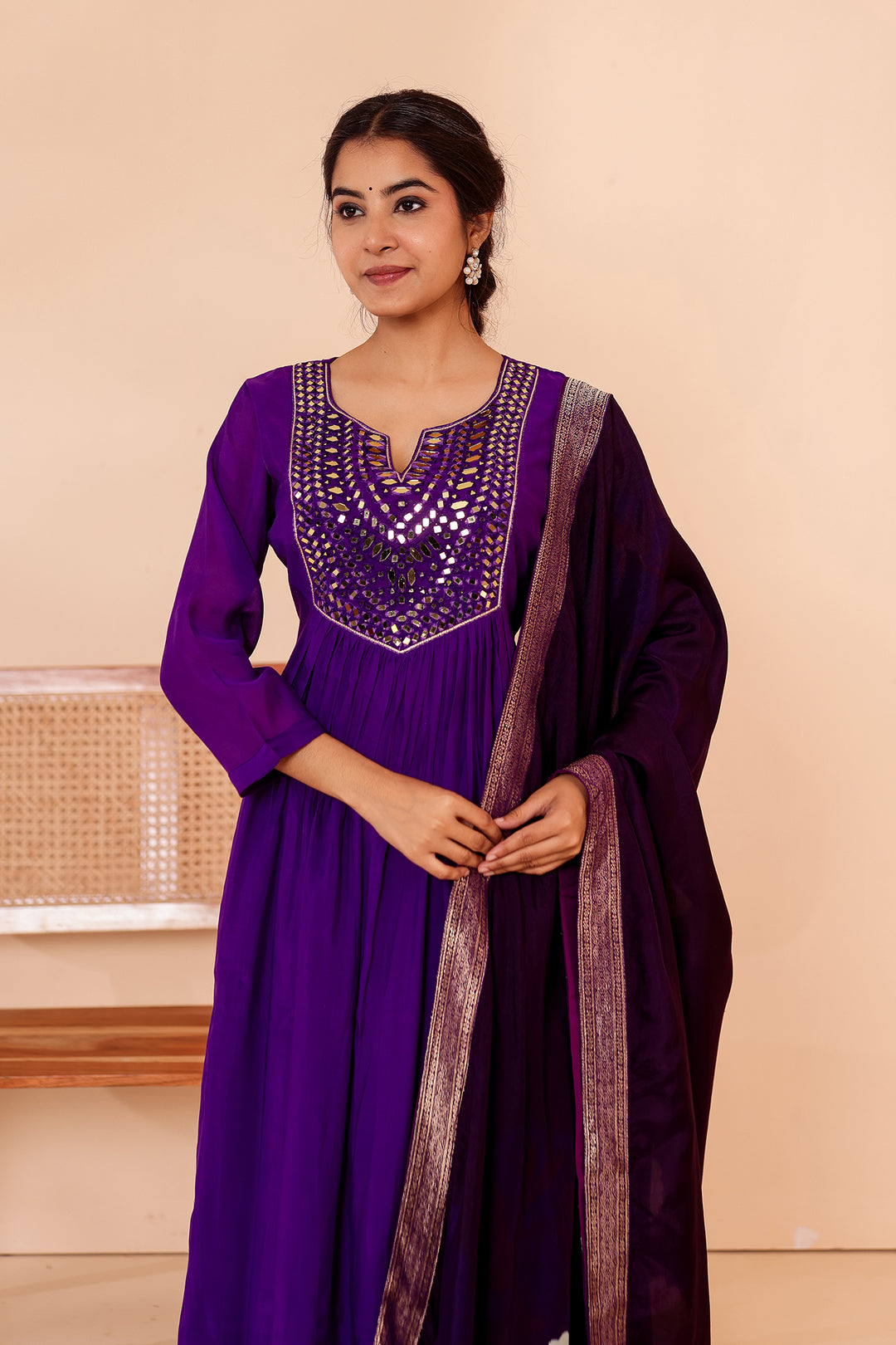 Cadbury Purple Chanderi Silk Anarkali Suit with Floral Dupatta.