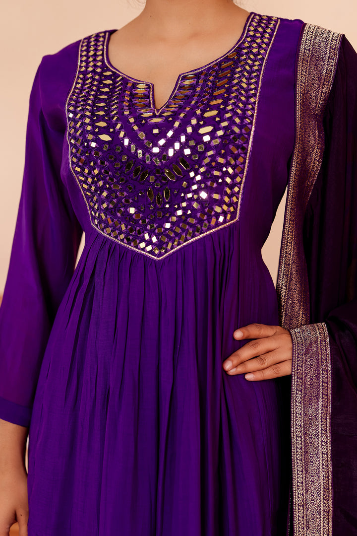 Cadbury Purple Chanderi Silk Anarkali Suit with Floral Dupatta.