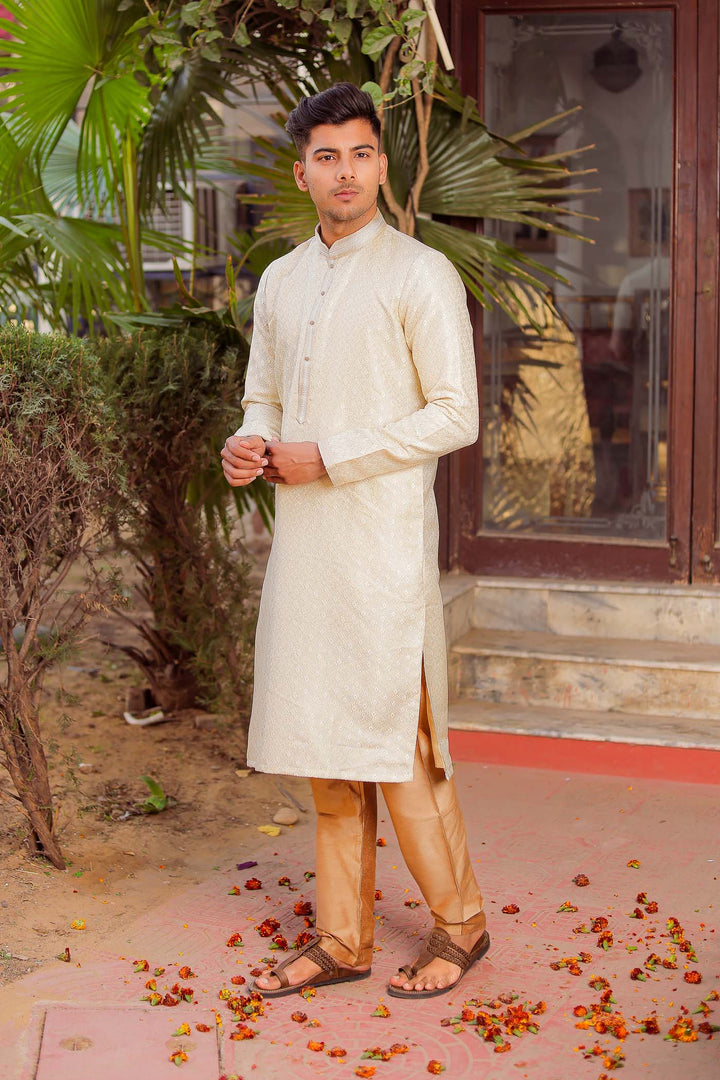 Gold Brocade Silk Kurta Suit.
