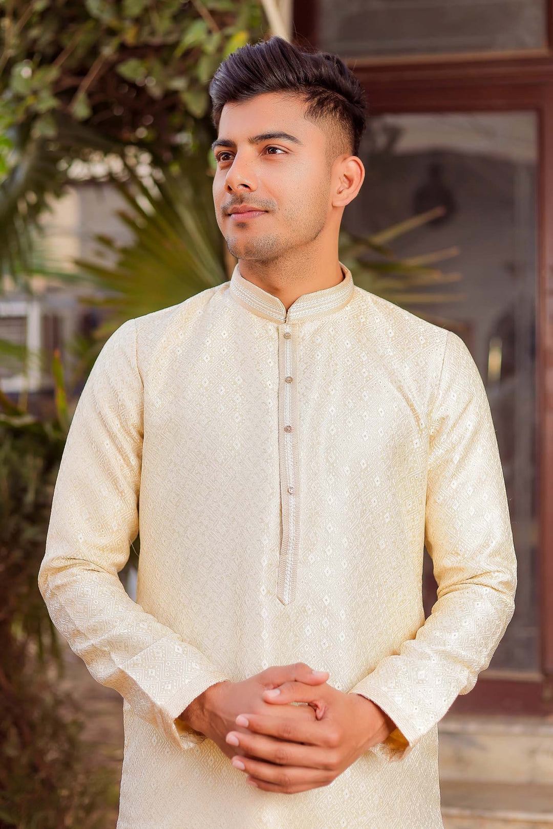 Gold Brocade Silk Kurta Suit.