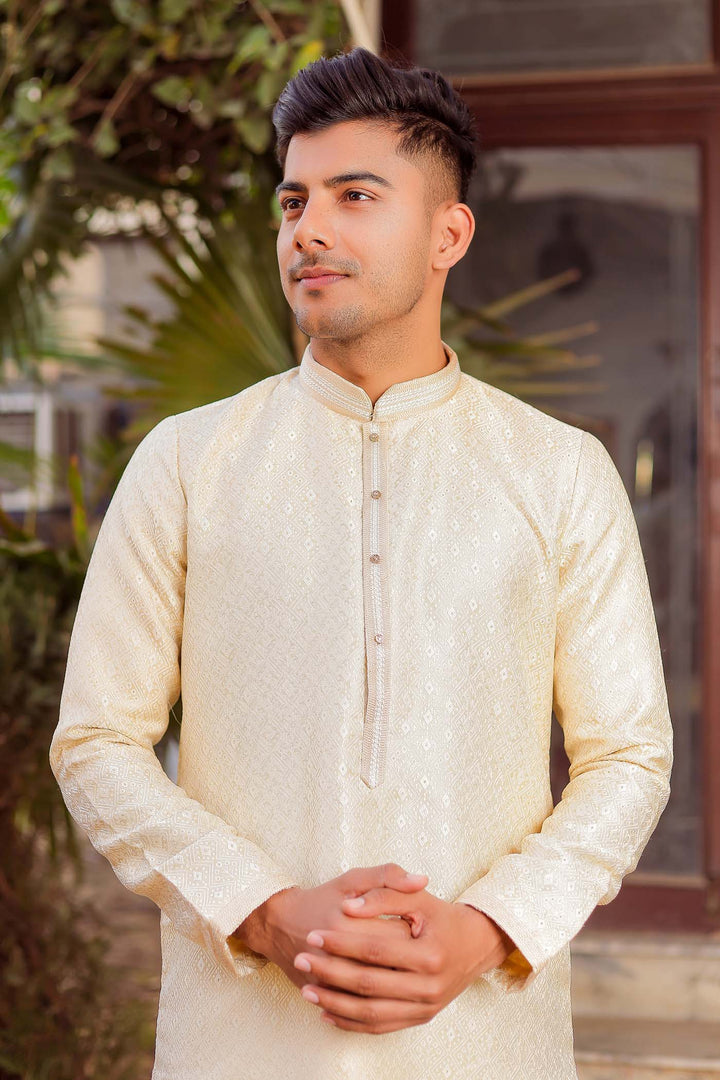 Gold Brocade Silk Kurta Suit.