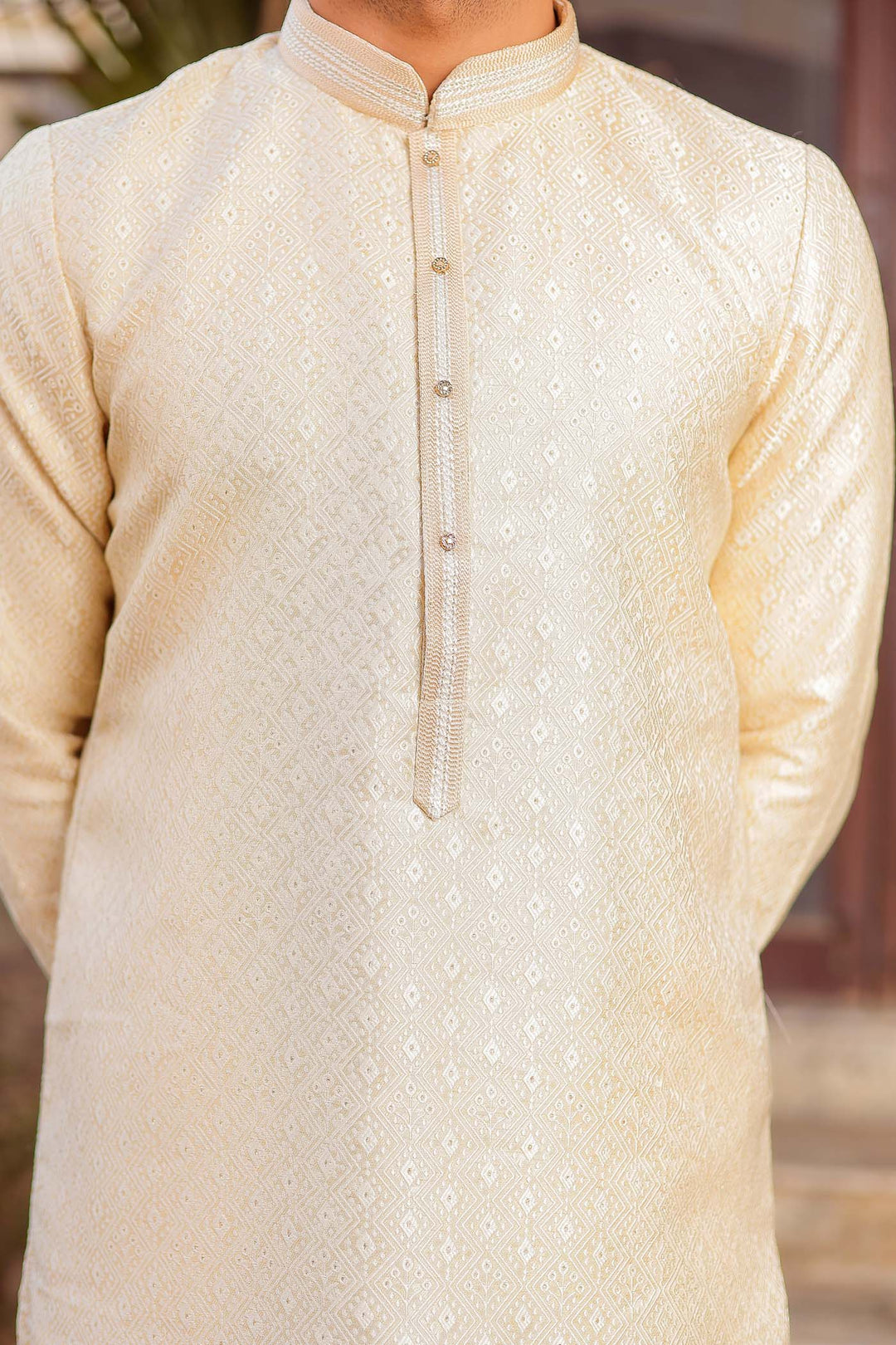 Gold Brocade Silk Kurta Suit.