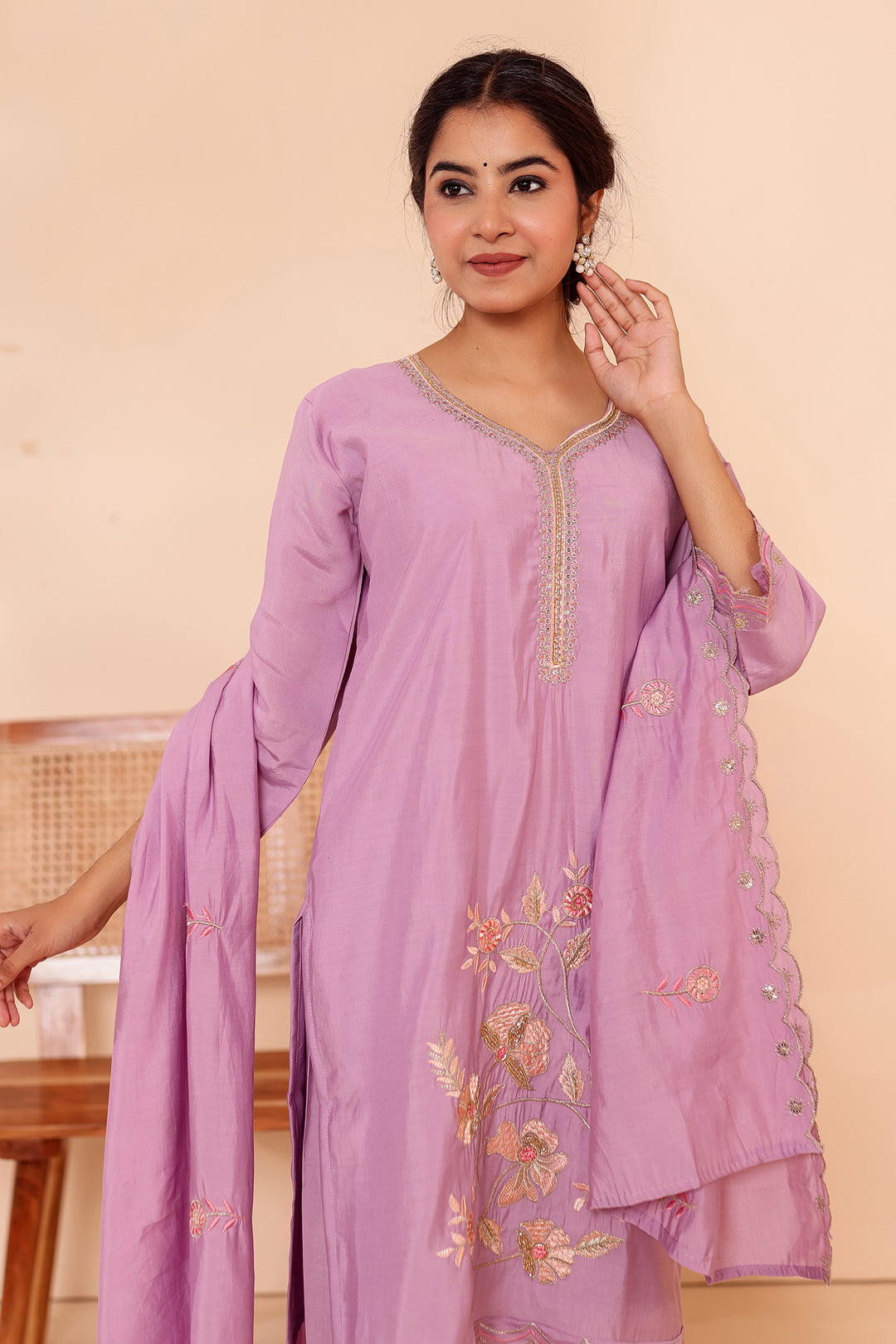Lilac Roman Silk Straight Cut Kurta Set with Floral Embroidery.