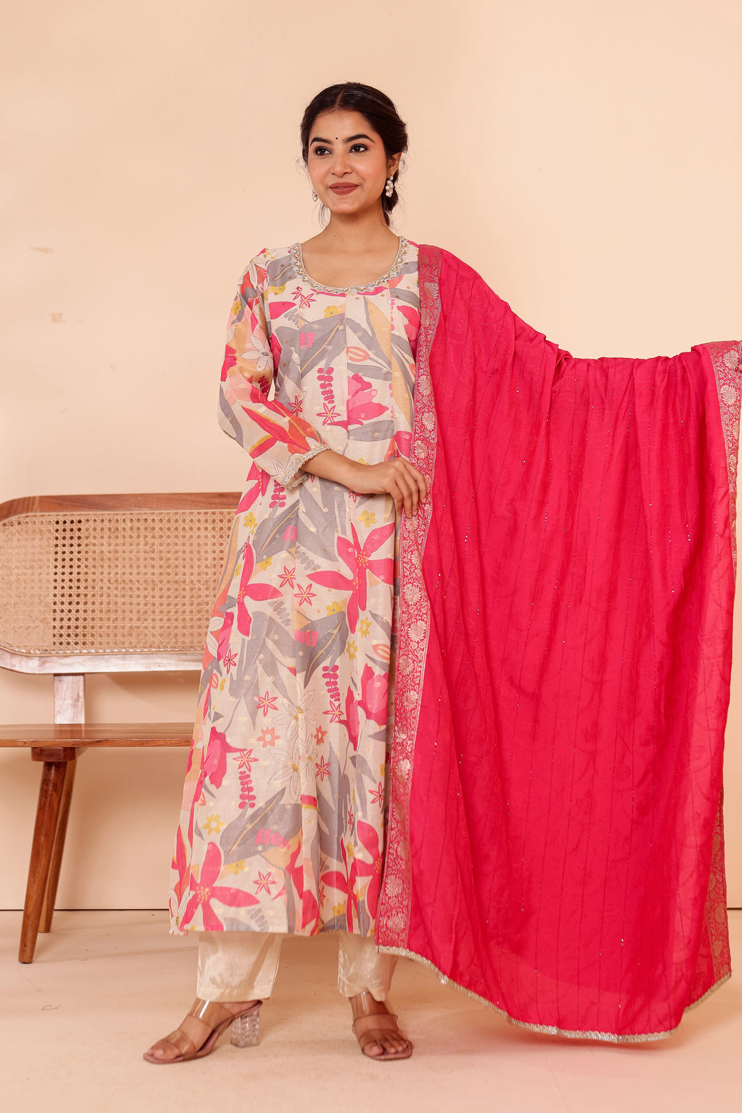 Cream Printed Tissue Silk Anarkali Suit.