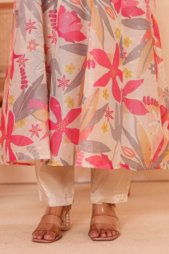 Cream Printed Tissue Silk Anarkali Suit.