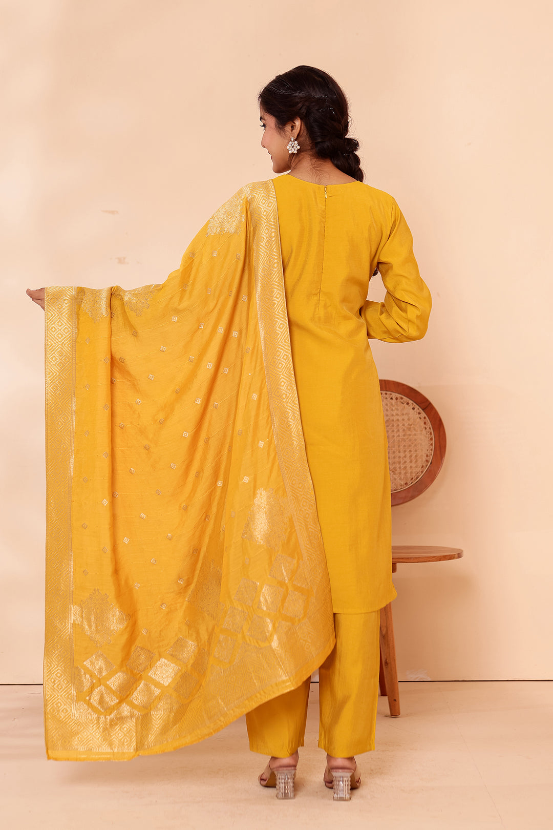 Mustard Soft Shimmer Silk Straight Cut Kurta Set.