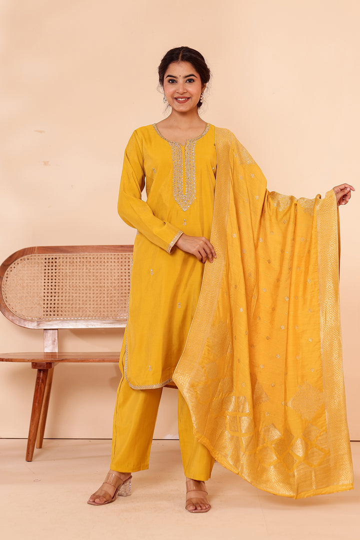 Mustard Soft Shimmer Silk Straight Cut Kurta Set.