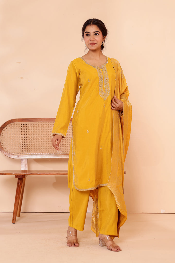 Mustard Soft Shimmer Silk Straight Cut Kurta Set.