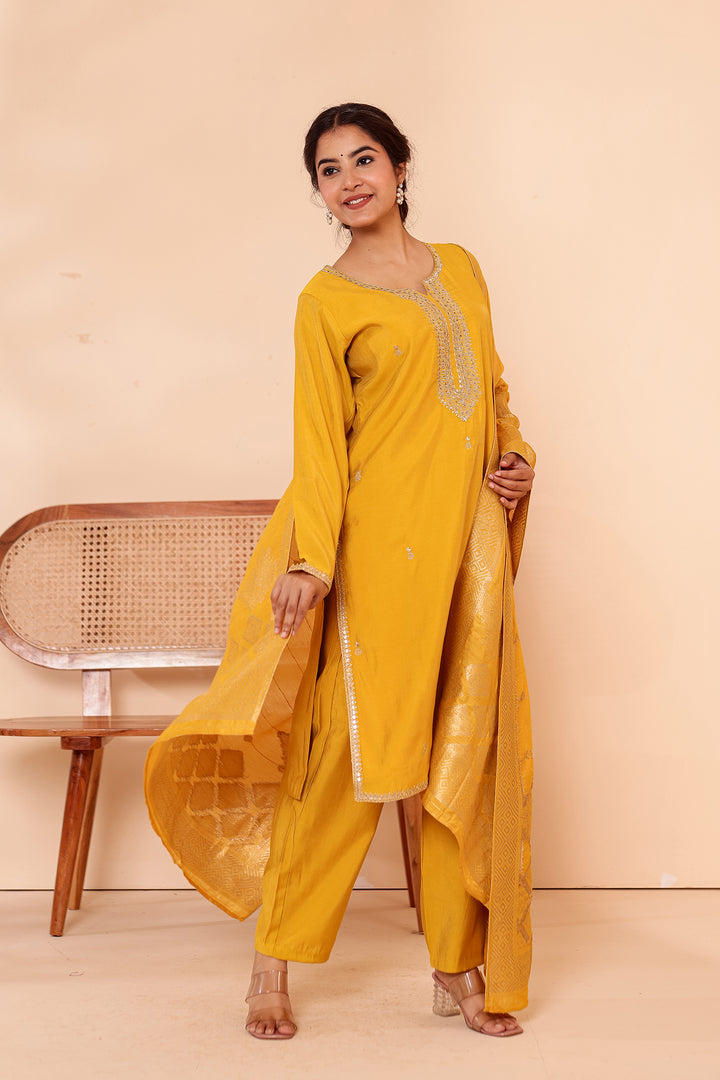 Mustard Soft Shimmer Silk Straight Cut Kurta Set.