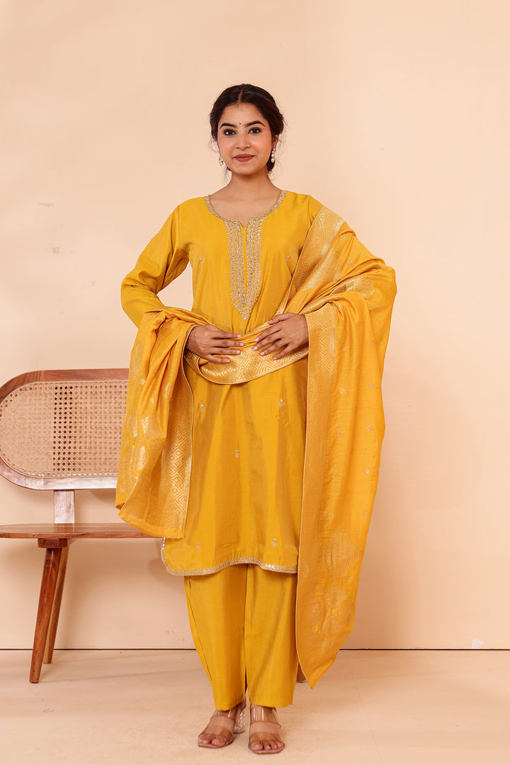 Mustard Soft Shimmer Silk Straight Cut Kurta Set.