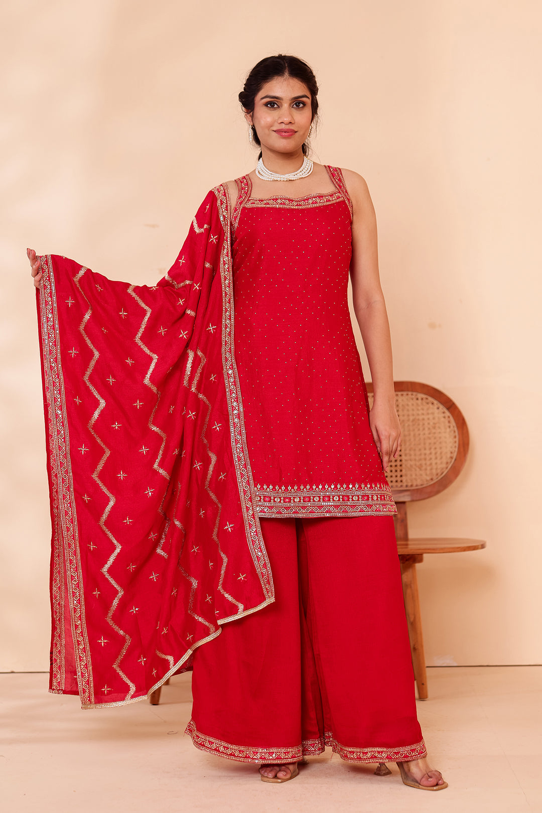 Blush Pink Vichitra Silk Palazzo Suit.