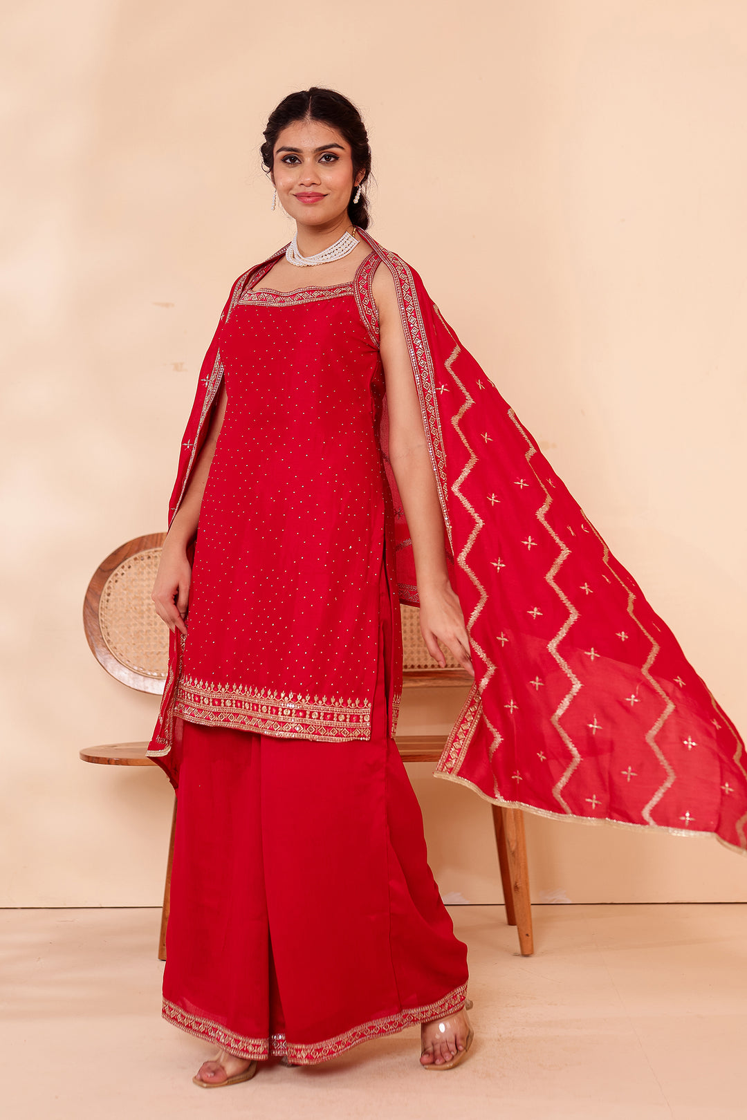 Blush Pink Vichitra Silk Palazzo Suit.