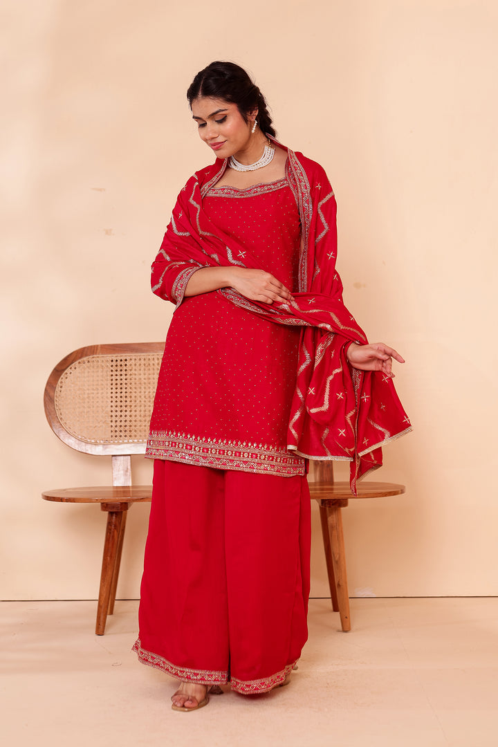 Blush Pink Vichitra Silk Palazzo Suit.