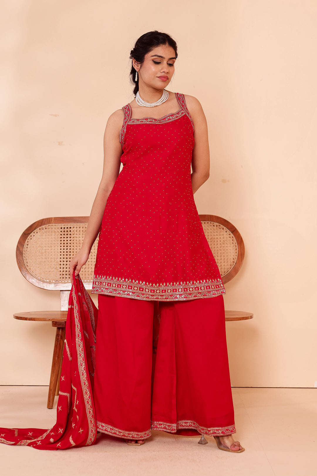 Blush Pink Vichitra Silk Palazzo Suit.