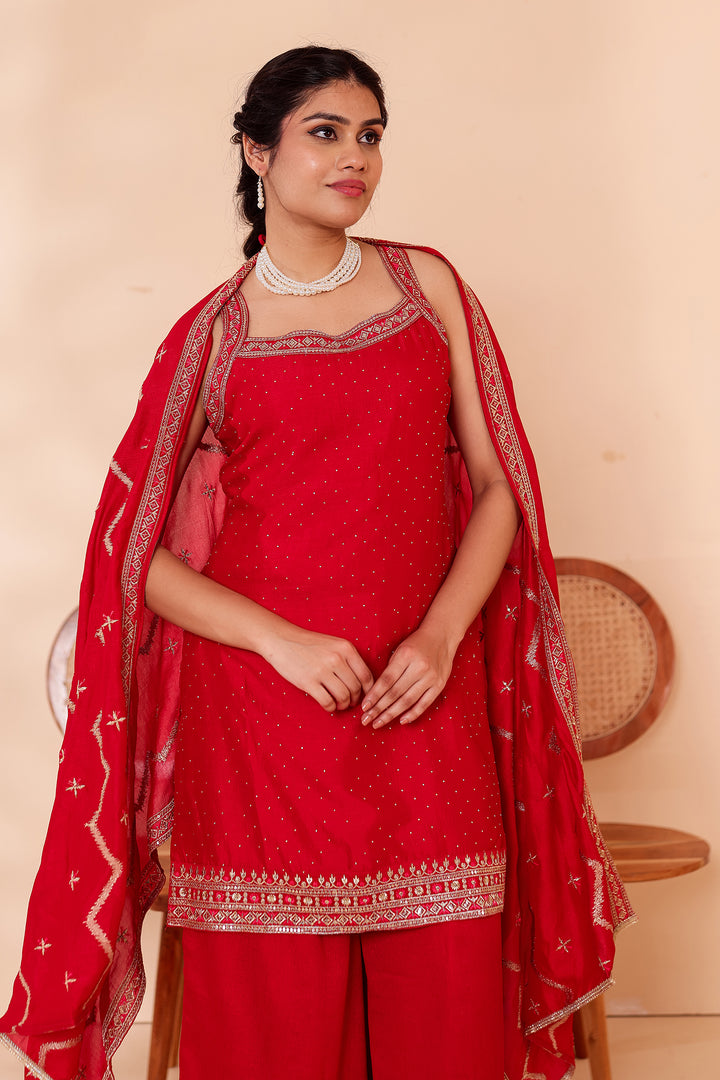 Blush Pink Vichitra Silk Palazzo Suit.