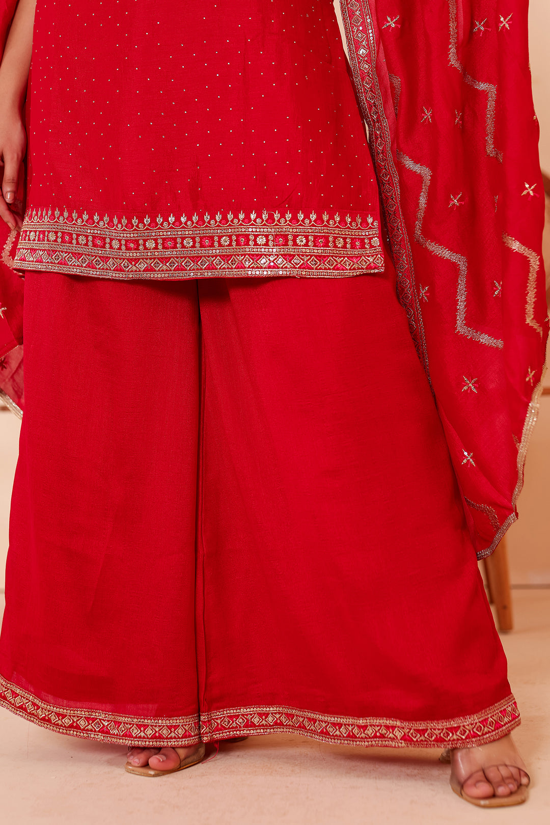 Blush Pink Vichitra Silk Palazzo Suit.