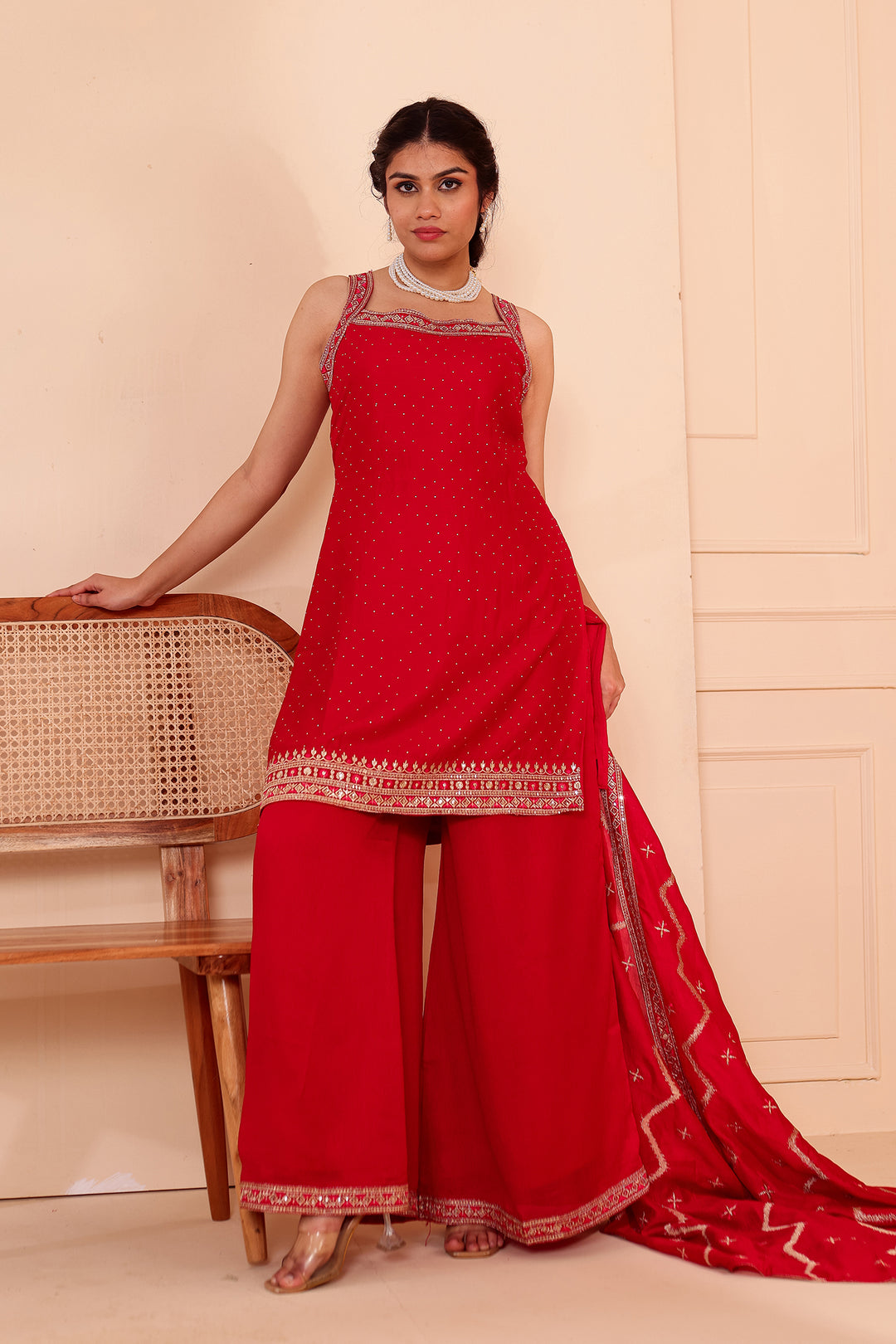 Blush Pink Vichitra Silk Palazzo Suit.