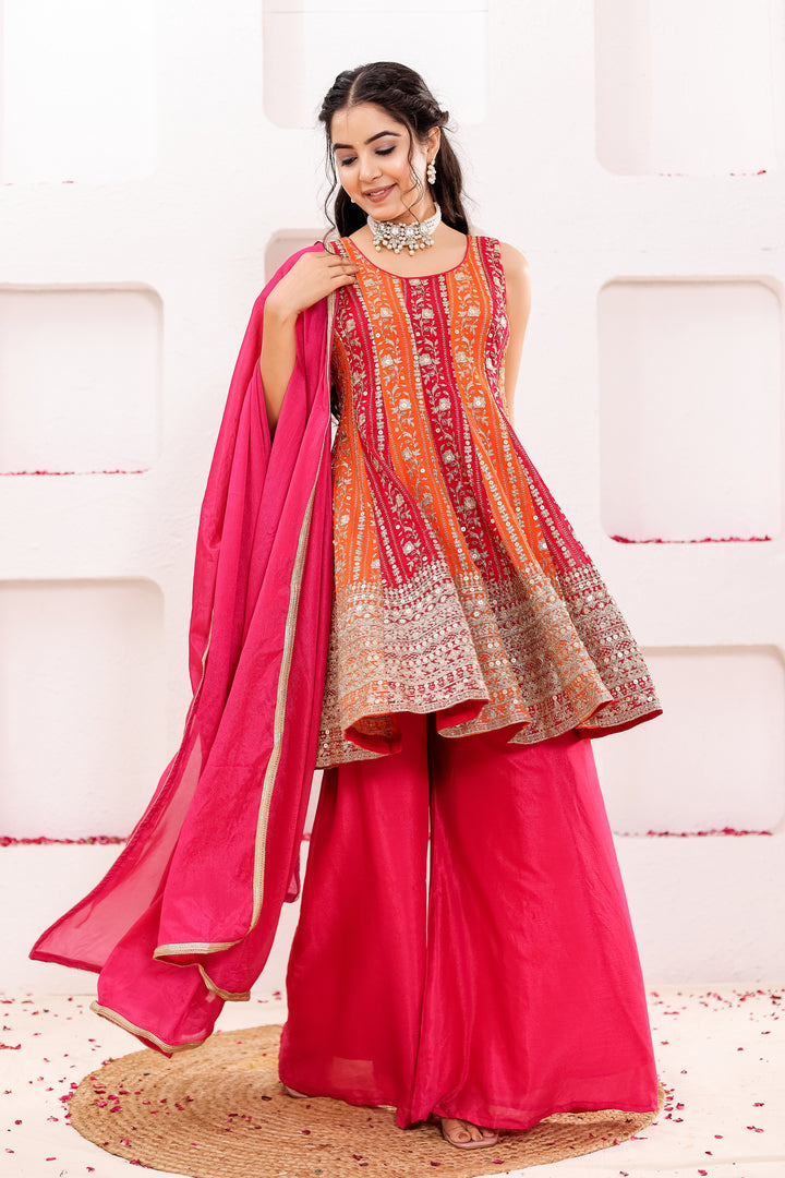 Pink-Orange Georgette Sharara Suit