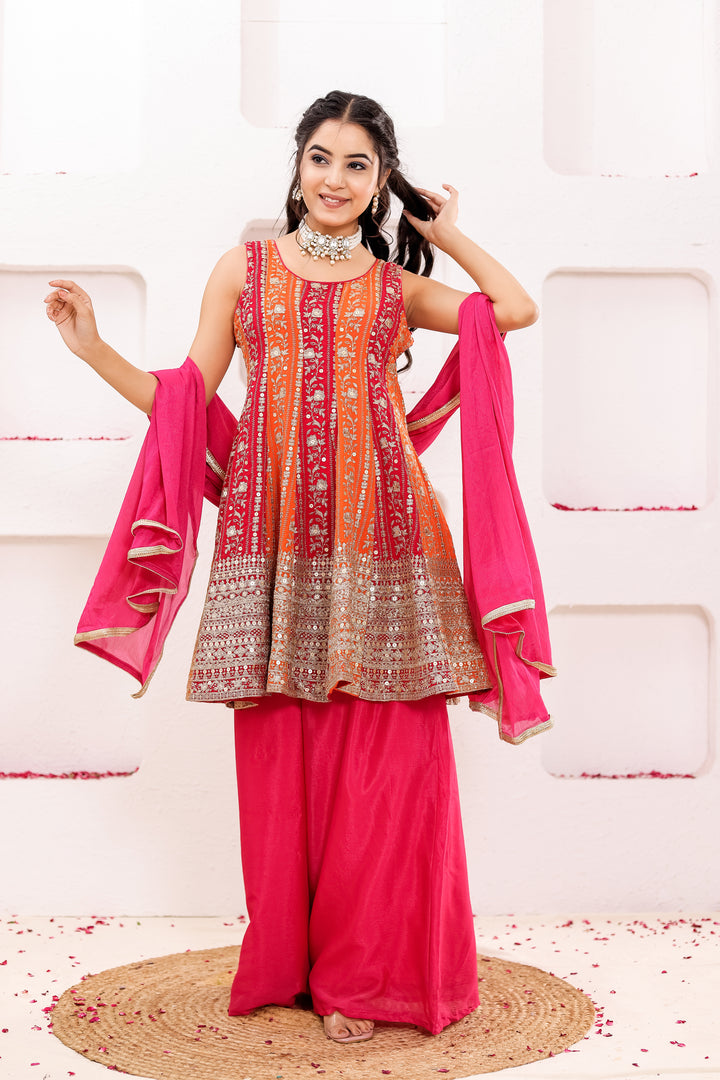Pink-Orange Georgette Sharara Suit