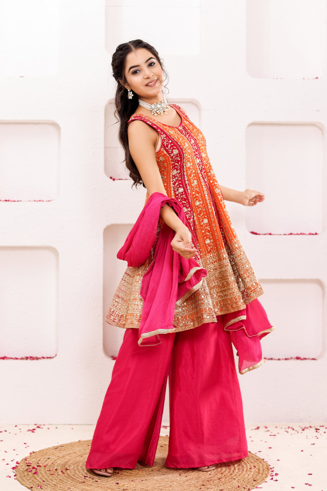 Pink-Orange Georgette Sharara Suit