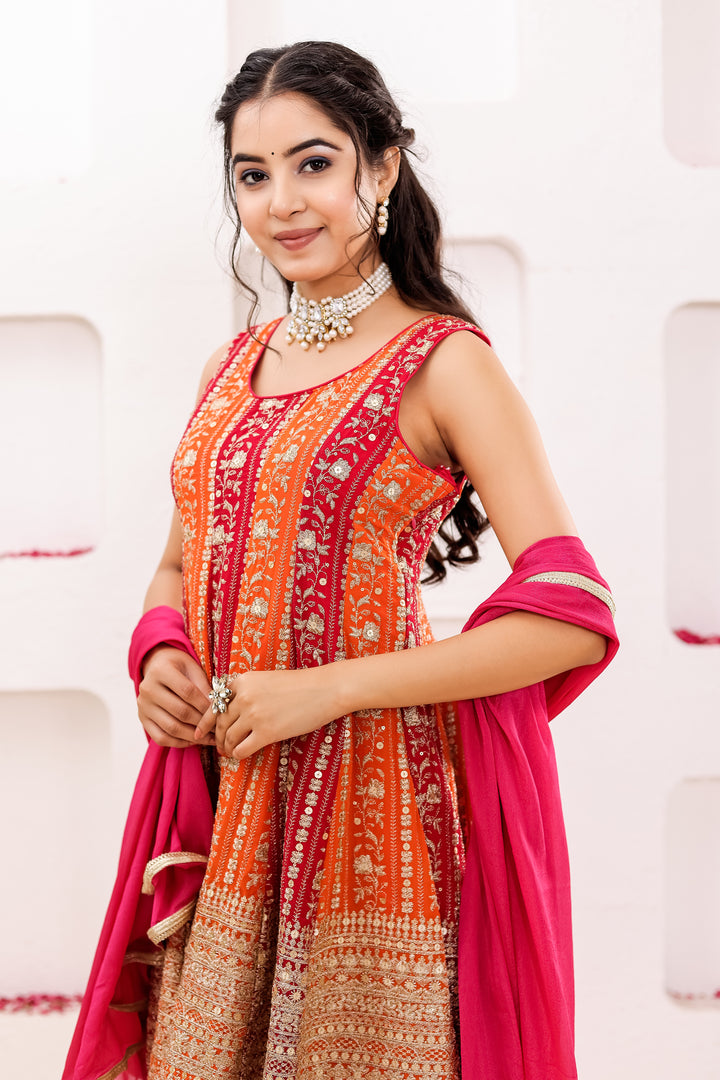 Pink-Orange Georgette Sharara Suit