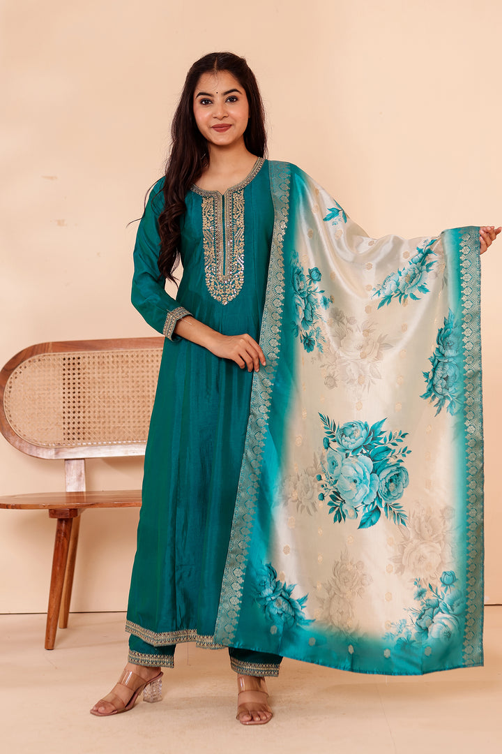 Rama Vichitra Silk Anarkali Suit with Floral Dupatta