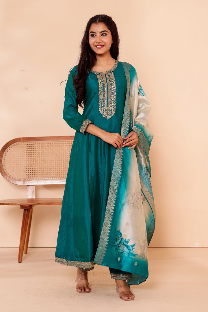 Rama Vichitra Silk Anarkali Suit with Floral Dupatta