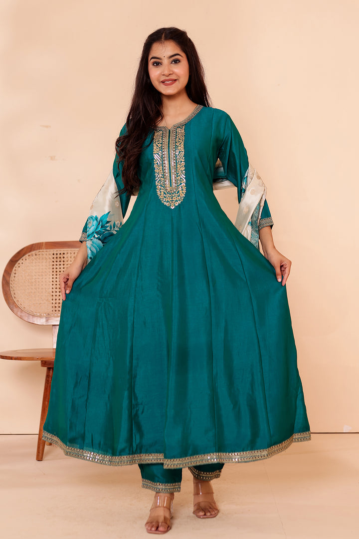 Rama Vichitra Silk Anarkali Suit with Floral Dupatta