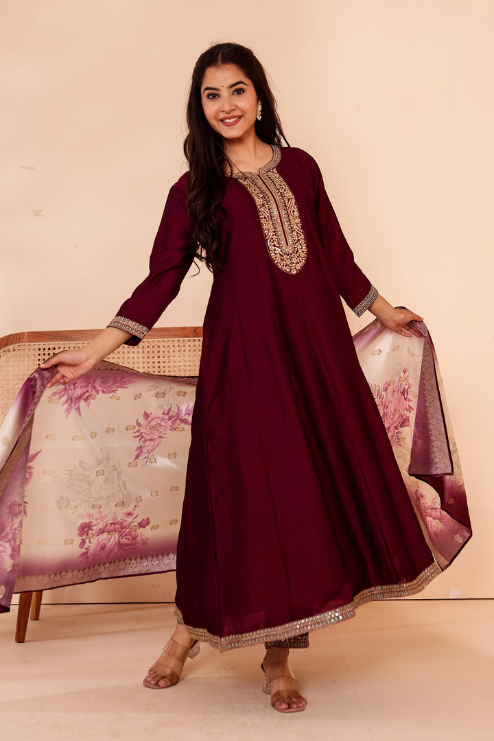 Magenta Vichitra Silk Anarkali Suit with Floral Dupatta.