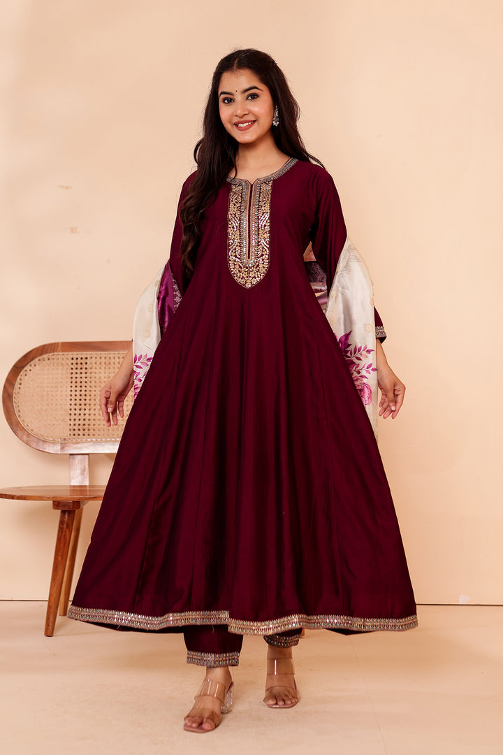 Magenta Vichitra Silk Anarkali Suit with Floral Dupatta.