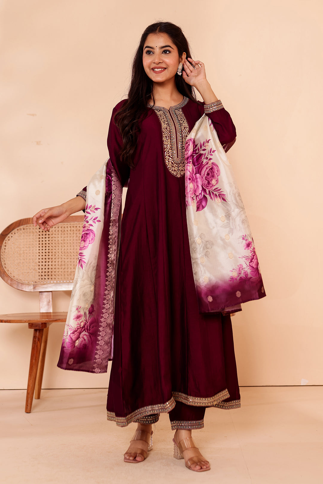 Magenta Vichitra Silk Anarkali Suit with Floral Dupatta.