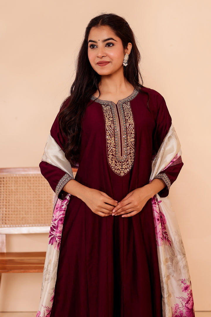 Magenta Vichitra Silk Anarkali Suit with Floral Dupatta.