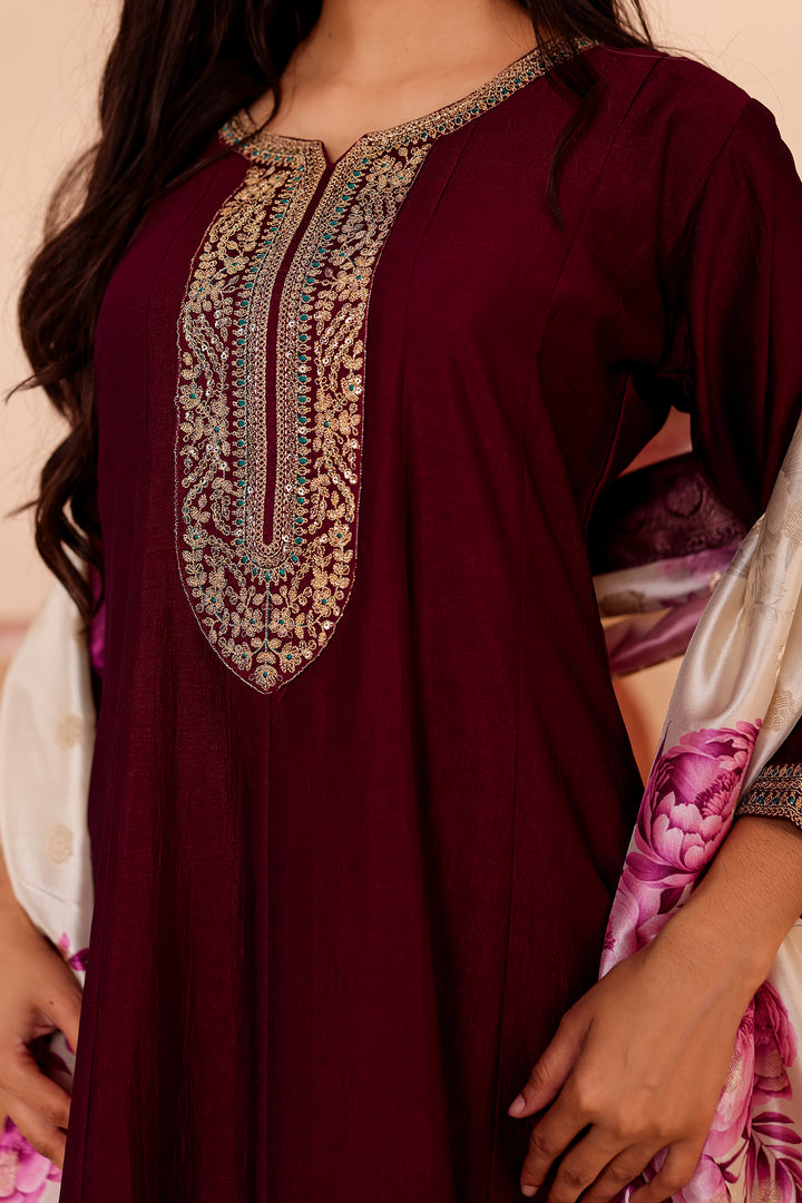 Magenta Vichitra Silk Anarkali Suit with Floral Dupatta.