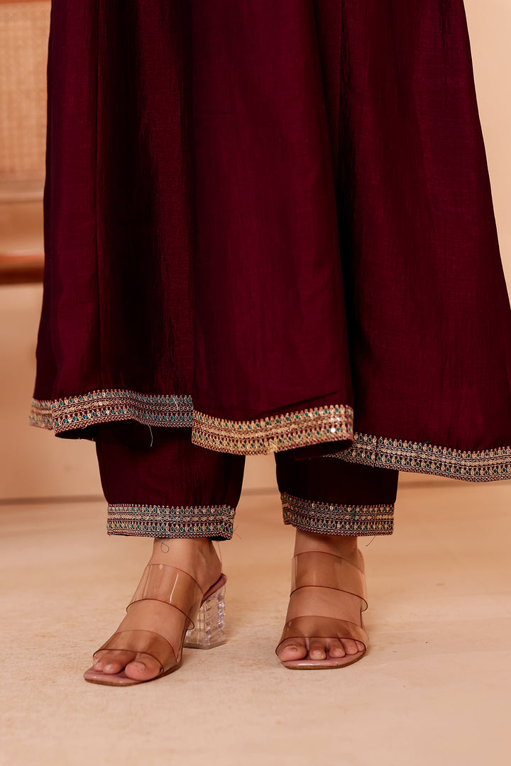 Magenta Vichitra Silk Anarkali Suit with Floral Dupatta.