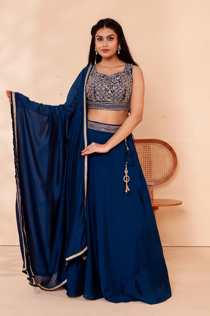 Midnight Blue Vichitra Silk Lehenga Choli.
