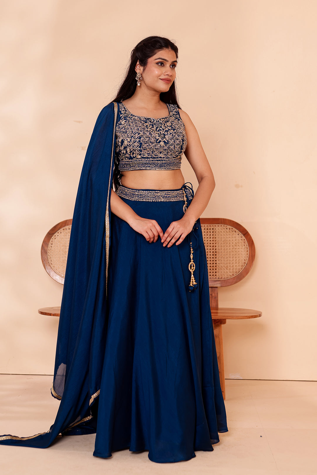 Midnight Blue Vichitra Silk Lehenga Choli.