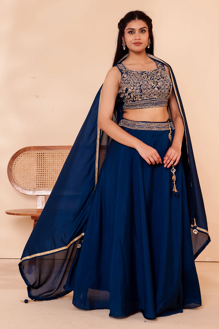 Midnight Blue Vichitra Silk Lehenga Choli.