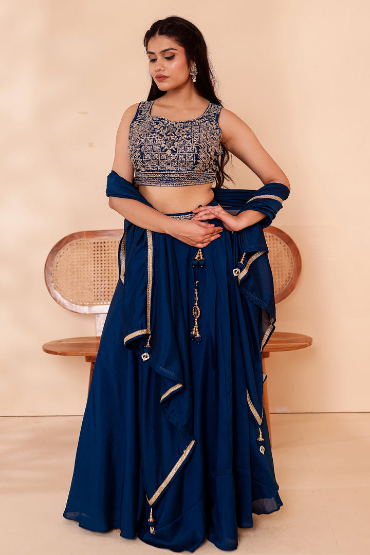 Midnight Blue Vichitra Silk Lehenga Choli.