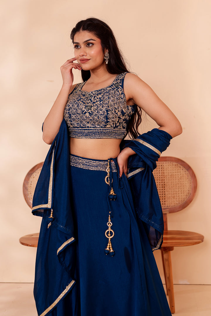 Midnight Blue Vichitra Silk Lehenga Choli.