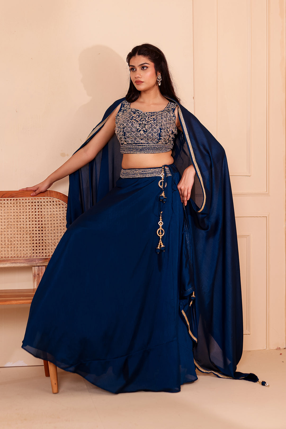 Midnight Blue Vichitra Silk Lehenga Choli.