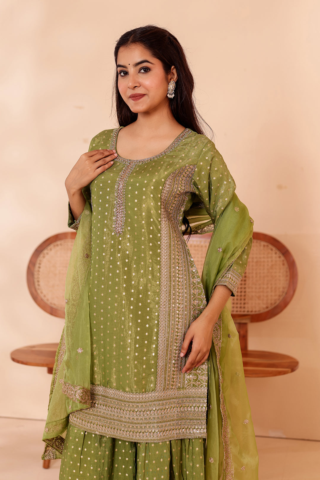 Mehndi Green Shimer Butti Sharara Suit.
