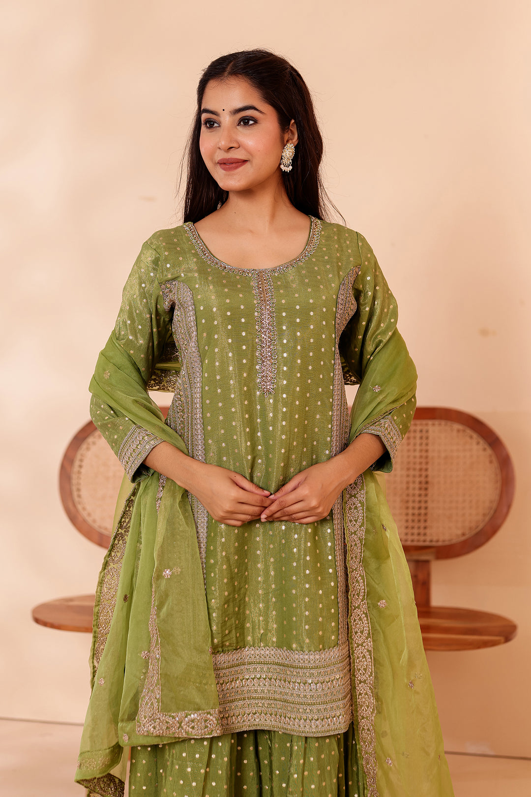 Mehndi Green Shimer Butti Sharara Suit.
