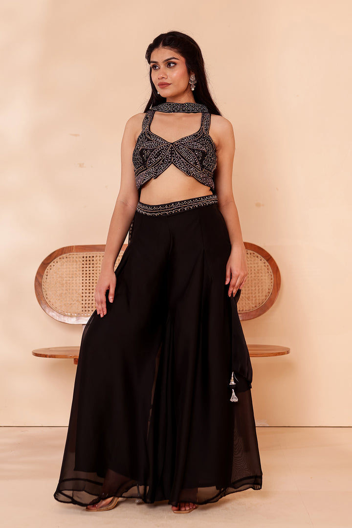 Black Crepe Tissue Silk Lehenga Choli.
