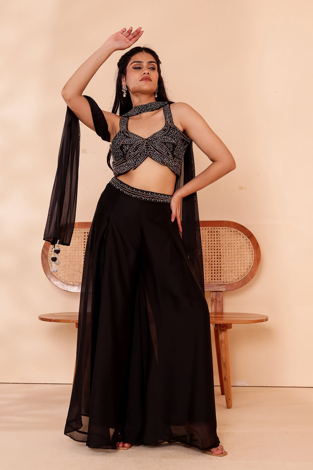 Black Crepe Tissue Silk Lehenga Choli.