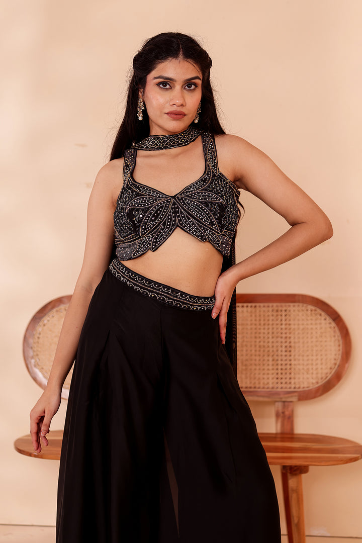 Black Crepe Tissue Silk Lehenga Choli.