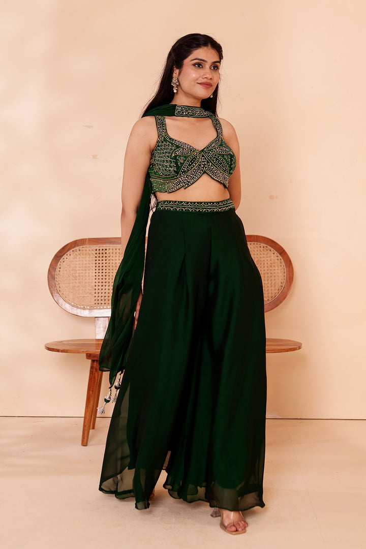 Bottle Green Crepe Tissue Silk Lehenga Choli.